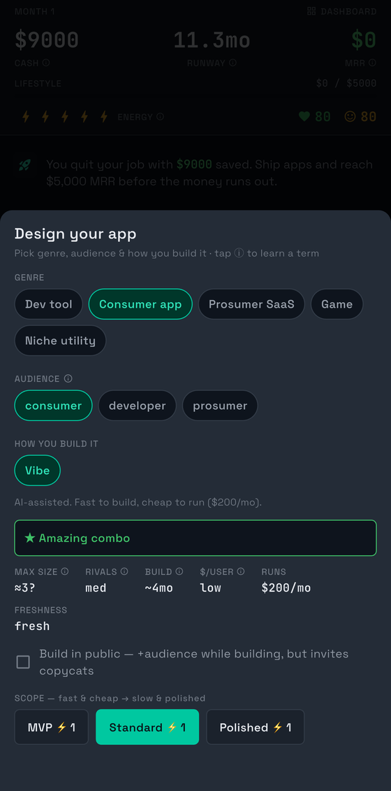 The app configurator — pick a genre, audience, and dev type