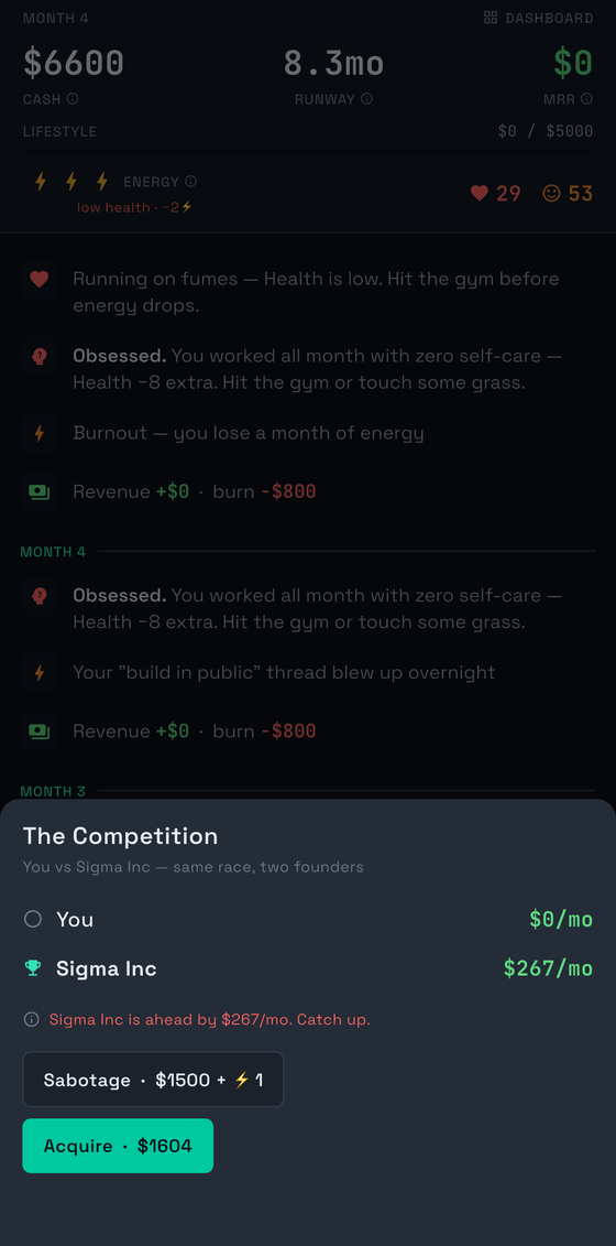 The competitor panel — you versus the rival, same race